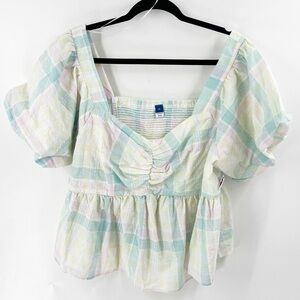 ✅ NWT Old Navy Seersucker Pastel Plaid Smocked Square Neck Blouse SIZE 2X